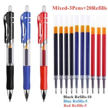 3 Гелевые ручки + 20 заправок Шариковой ручки 0,5 мм, большой емкости, сменные заправки, Черные, красные, синие чернила, Офисные школьные принадлежности, канцелярские принадлежности