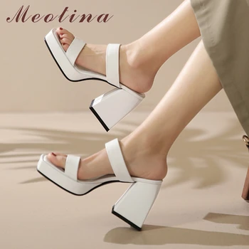 Meotina Женская обувь из натуральной кожи, Летние тапочки на платформе на очень высоком каблуке с квадратным носком, женская обувь на толстом каблуке, Белый, черный