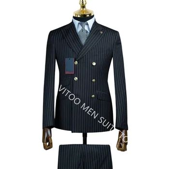 Модные мужские костюмы с 6 пуговицами, Двубортные, из 2 предметов, Приталенные Официальные комплекты для бизнеса, большой и высокий блейзер с брюками, наряды