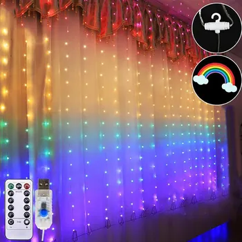 Светодиодные сказочные огни, Гирлянда, занавеска, лампа с дистанционным управлением, USB-гирлянды на окне, Украшения для рождественской вечеринки для дома # Y