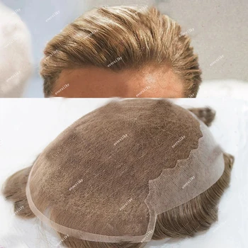 Прочные Q6 Отбеленные Узлы Дышащие Кружевные Мужские Парики BrownBlonde/Черные Человеческие Волосы Система Замены Парика Шиньоны Для Мужчин