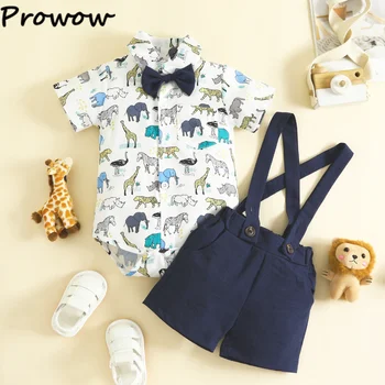 Prowow, комплекты одежды для мальчиков 0-18 м, джентльменский галстук, рубашки с животными и штаны на подтяжках, 2 предмета летней одежды для новорожденных мальчиков