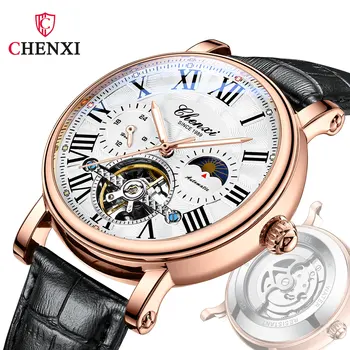 Мужские часы CHENXI, автоматические механические деловые часы, мужские Tourbillon, роскошные Модные водонепроницаемые наручные часы со светящейся фазой Луны