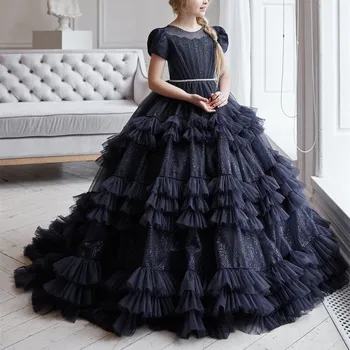 Черные многоуровневые платья для Первого причастия, Элегантное многослойное платье принцессы-Ангела для девочек-цветочниц, бальные платья для свадебной вечеринки, подарок для детей