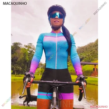 Женские синие велосипедные комбинезоны Macaquinho Ciclismo, комплекты для триатлона с длинным рукавом, 20D гелевые велосипедные платья, бесплатная доставка