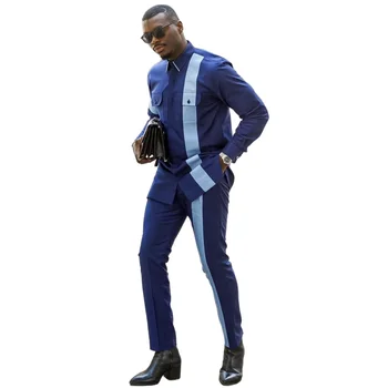 Синий мужской комплект в стиле пэчворк, рубашка с длинным рукавом и брюки, уличная мода, повседневная мужская одежда, комплект одежды для костюмов, пальто, куртка