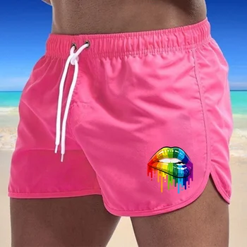 Летние мужские шорты с принтом губ, спорт, повседневный фитнес, Дышащий тренировочный шнурок ярких цветов, Свободные мужские пляжные брюки S-3XL