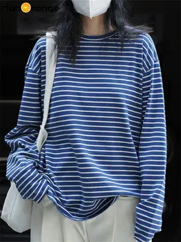 HanOrange/ 2023, Весенняя простая винтажная футболка в полоску, женские повседневные футболки с круглым вырезом, свободные футболки с длинным рукавом, топ, женский синий/ белый