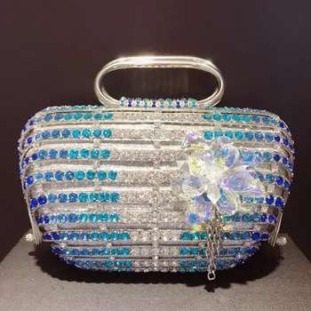 Лучший подарок Сине-белая сумочка с цветочным рисунком для вечеринки, Высококачественные женские сумки на длинной цепочке, Модные женские свадебные клатчи с кристаллами для выпускного вечера
