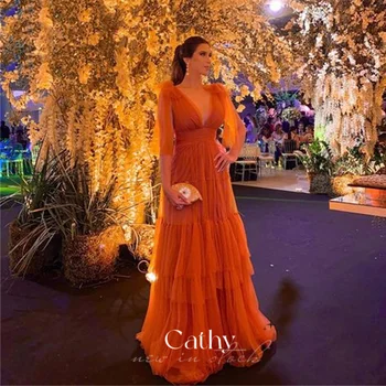 Платье для выпускного вечера Трапециевидной формы С пышными рукавами, Оранжевое Многослойное Вечернее платье Из Органзы, Сексуальные Вечерние платья С V-образным вырезом