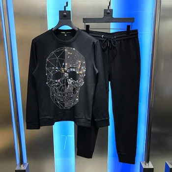 Модные комплекты из 2 предметов, пуловер с капюшоном и брюками с большой львиной головой, мужские хлопковые черные зимние спортивные костюмы.