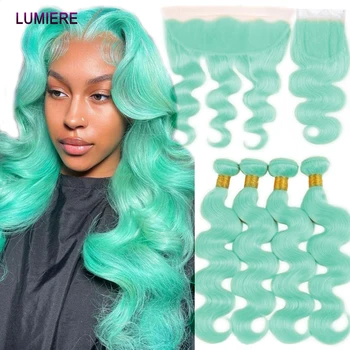 Волосы Lumiere Светло-зеленые пучки объемной волны с закрытием, голубые Бразильские пучки из 100% человеческих волос с закрытием спереди