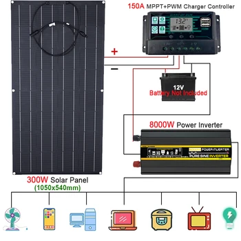 110 В/220 В Солнечная Энергетическая Система 300 Вт ETFE Солнечная Панель + 150A Контроллер Заряда + 4000 Вт 6000 Вт 8000 Вт Инверторный Комплект Комплект Для выработки Электроэнергии