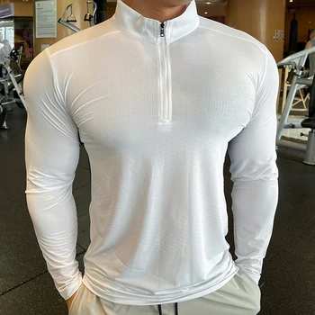 Новая осенне-зимняя мужская футболка для бега и фитнеса с длинным рукавом, эластичные быстросохнущие Спортивные Рубашки для бодибилдинга с воротником-стойкой