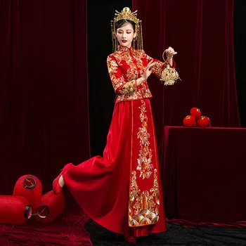 Высококачественная Восточная Невеста Для Банкета Винтажное Современное Китайское Свадебное Платье Длинная Традиционная Одежда Китай Ципао китайская одежда