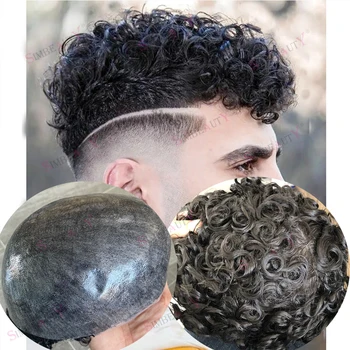 Супертонкая основа из натуральной кожи Мужской парик 20 мм Коричневые вьющиеся европейские человеческие волосы для мужчин Система замены париков Волосяной покров