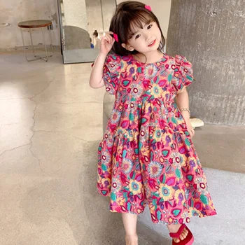 Летнее платье с пышными рукавами и цветочным принтом для девочек 2022 г. модный дизайн