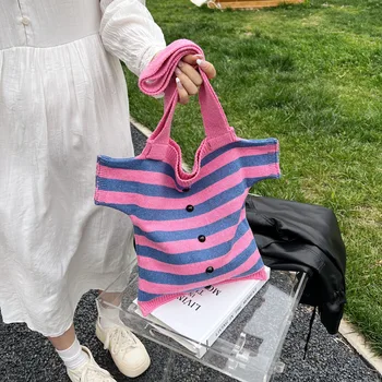 Трендовая женская сумка через плечо 2023 года, сумочка контрастного цвета, кошелек, модная повседневная вязаная сумка-ведро, женская сумка-тоут большой емкости