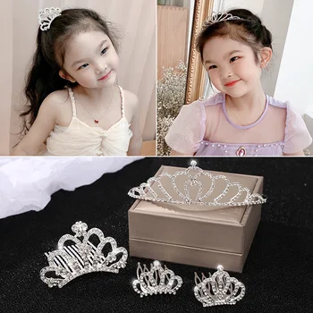 Корейская детская Тиара со стразами, повязка на голову принцессы для девочек, Аксессуары для Дня рождения, Свадебная Хрустальная корона, Тиара, Свадебные украшения для волос