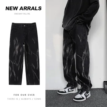 Новые стильные черные джинсы tie-dye, мужские прямые свободные брюки в стиле хулиган, красивые брюки в американском стиле