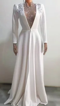 Элегантное белое сверкающее платье принцессы с украшением в виде кристаллов для свадебной вечеринки; костюм ведущего шоу с длинными рукавами из двух предметов.