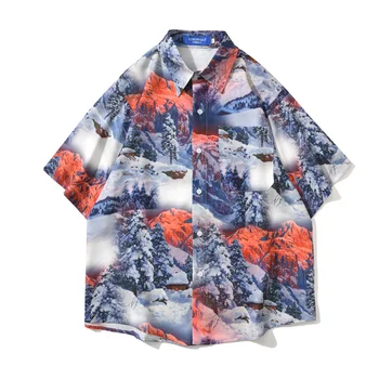 Рубашка Мужская 2023 Новая Рубашка Поло с коротким рукавом Snow Mountain Print Shirt Camisas Y Blusas Мужская Одежда Рубашка Chemise Homme