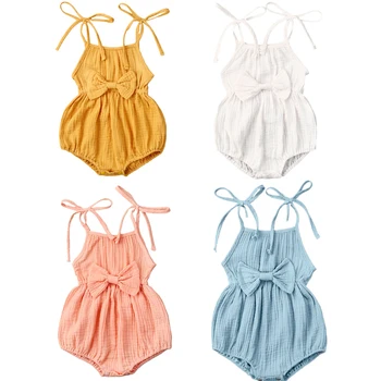 2020 Детская Летняя одежда для новорожденных девочек Милая одежда Srap Комбинезон Хлопковый льняной однотонный комбинезон Комплект одежды с бантом Мягкий