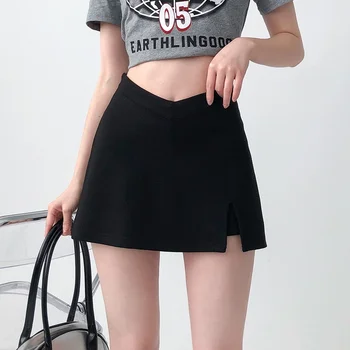 Женские мини-юбки с разрезами по бокам, высокая талия, повседневные, тонкие, корейский стиль, модная уличная одежда А-силуэта, универсальная ретро