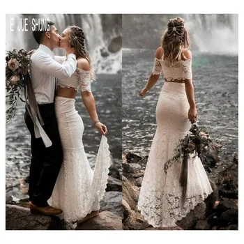 Кружевные свадебные платья Русалочки в стиле бохо из двух частей с открытыми плечами и короткими рукавами, сексуальные пляжные свадебные платья со шлейфом