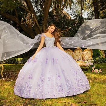 Светло-лавандовое бальное платье, пышные платья с накидкой 15, вечерние платья с 3D вышивкой бисером в виде цветов с накидкой Золушка 16, платья принцессы