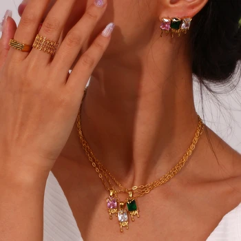 Модная нержавеющая сталь, 18-каратное позолоченное ожерелье с квадратным цирконом из вулканической лавы для женщины, Набор украшений на день рождения для девочки