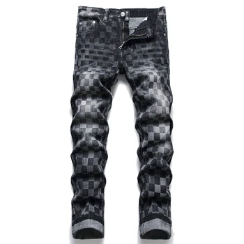 Новые осенние мужские джинсы в стиле панк, модные хлопковые брюки в клетку, повседневные брюки-карандаш со средней талией