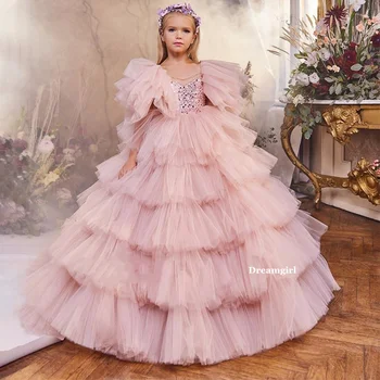 Dreamgirl/ Розовое многоуровневое платье в цветочек для девочек, расшитое оборками, расшитое блестками, платья для вечеринки в честь Дня рождения с пышными рукавами, детские платья принцессы со стреловидным шлейфом