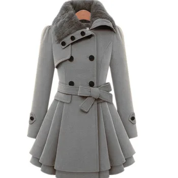 Популярные куртки Женские 2023, модный Новый пояс, двубортное флисовое женское длинное женское пальто со съемным меховым воротником