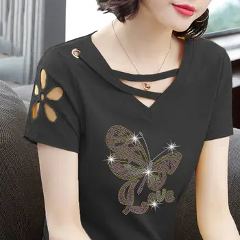 Повседневная однотонная футболка, женская одежда, элегантный V-образный вырез, шикарные пуловеры с бабочками и бриллиантами, летние пуловеры с коротким рукавом и модным вырезом