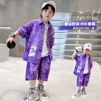 Новинка 2023, Корейские летние рубашки с коротким рукавом для мальчиков, Детская одежда, брюки, повседневные брюки, крутая одежда из 2 предметов, универсальная спортивная мода
