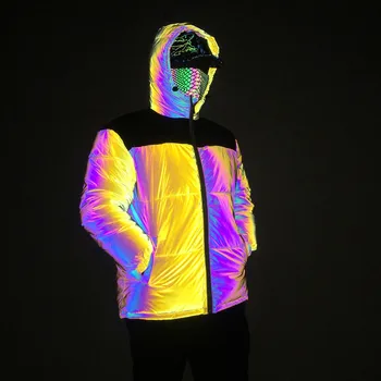 2021 Мужская желтая светоотражающая куртка в стиле пэчворк, зимнее пальто, теплые мужские куртки с капюшоном большого размера