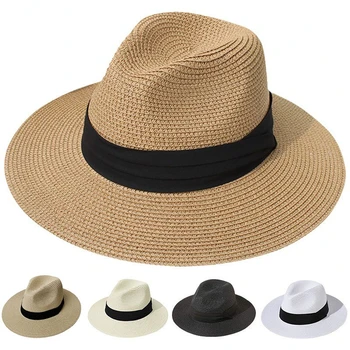 Новая летняя повседневная пляжная фетровая шляпа унисекс с широкими полями, Джазовая шляпа от солнца для женщин, Панама из бумажной соломы, Женские мужские кепки с черной лентой