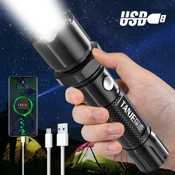 Мощный фонарик, USB-перезаряжаемая вспышка, 3 режима, кемпинг на открытом воздухе, Сильная лампа, Водонепроницаемый Тактический фонарик