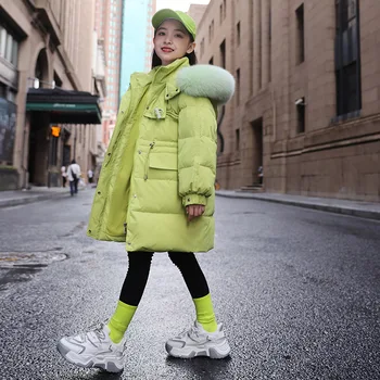 -25 градусов, зимняя модная пуховая куртка для девочек, теплое толстое пальто для детей, ярко-розовое непромокаемое пальто на утином пуху для девочек
