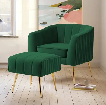 Бархатное кресло с оттоманкой, современный бочкообразный стул, подлокотник для гостиной /спальни, зеленый, золотистая отделка