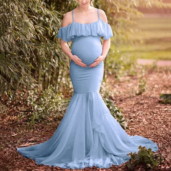 Длинное платье с хвостом для беременных, реквизит для фотосъемки беременных, с открытыми плечами, с оборками, с коротким рукавом, Однотонное вечернее платье Vestidos