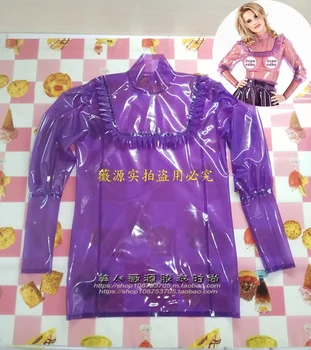 Прозрачная фиолетовая латексная блузка, топ с длинным рукавом, оборки, кружевной дизайн, фетиш