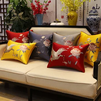 Декоративные подушки с вышивкой в новом китайском стиле, журавли с красной короной и цветами, Жаккардовая наволочка для домашней кровати, наволочка для дивана