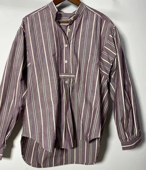 Женская полосатая хлопчатобумажная блузка с воротником-стойкой и пуговицами, топ оверсайз, рубашка с длинными рукавами, модные топы с открытыми плечами