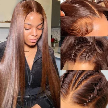 Crystal HD 360 Кружевной фронтальный парик из человеческих волос, бесклеевой Прямой, коричневый, бесклеевой Прозрачный, 13х4 Кружевной Передний парик, Невидимый