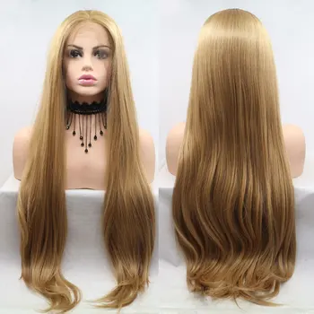 Золотисто-коричневый синтетический парик с кружевами спереди, Бесклеевые Прямые волосы из термостойких волокон, естественный пробор по средней линии роста волос для женщин