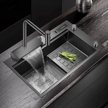 Черная кухонная раковина с нанометровым шагом, кухонные мойки с одним креплением, смеситель для водопада, раковина из нержавеющей стали.