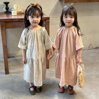 5173C Корейское платье для девочек 2023, Летнее хлопковое детское платье в горошек из марли, простое модное платье принцессы для девочек