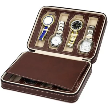 Переносная сумка для часов на молнии с 4/8 отверстиями, роскошная коробка для часов, кожаная коробка для часов, упаковка для дорожных часов кофейного цвета